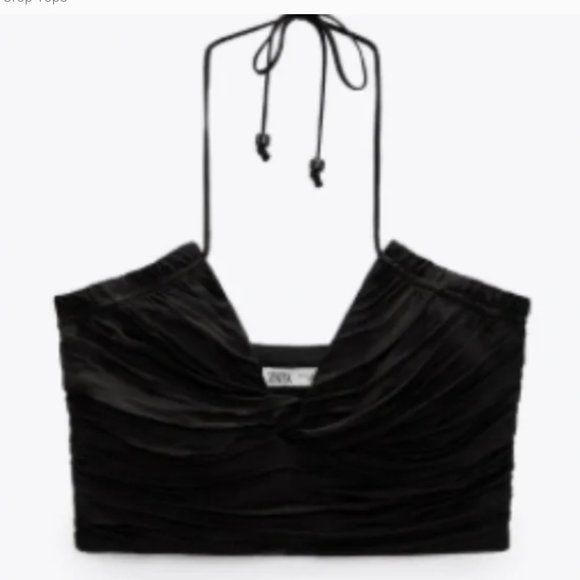 ZARA Black Crepe Double Lined Stretch Smocked Sides Draped Halter Crop Top - Picture 3 of 6